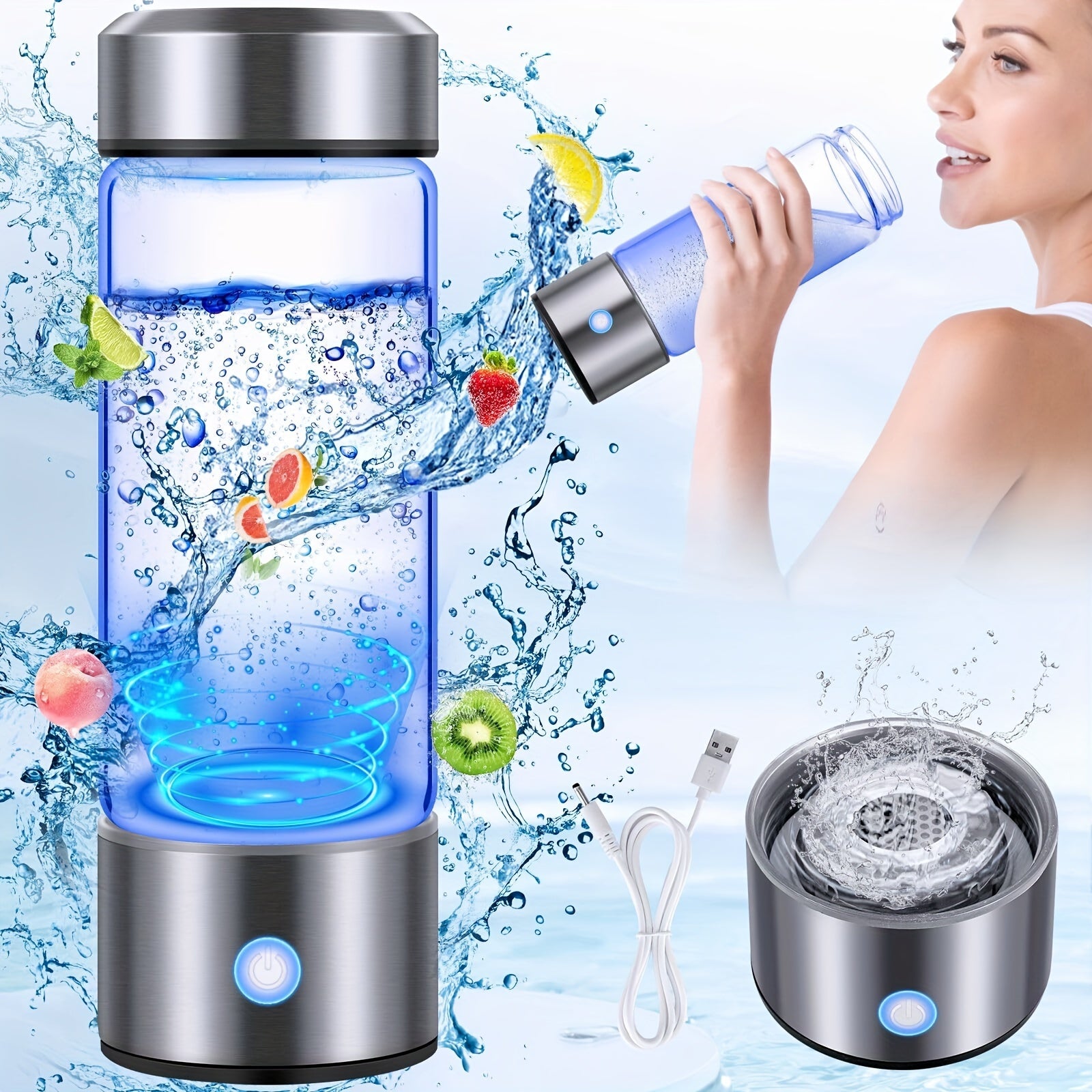Portable hydrogen water bottle, upgraded version of 1000mAh rich in hydrogen water cup, rechargeable electrolytic hydrogen generator for 3 minutes, bubble machine spare parts, suitable for home office travel fitness